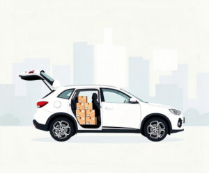 dessin d'un taxi blanc transportant des colis